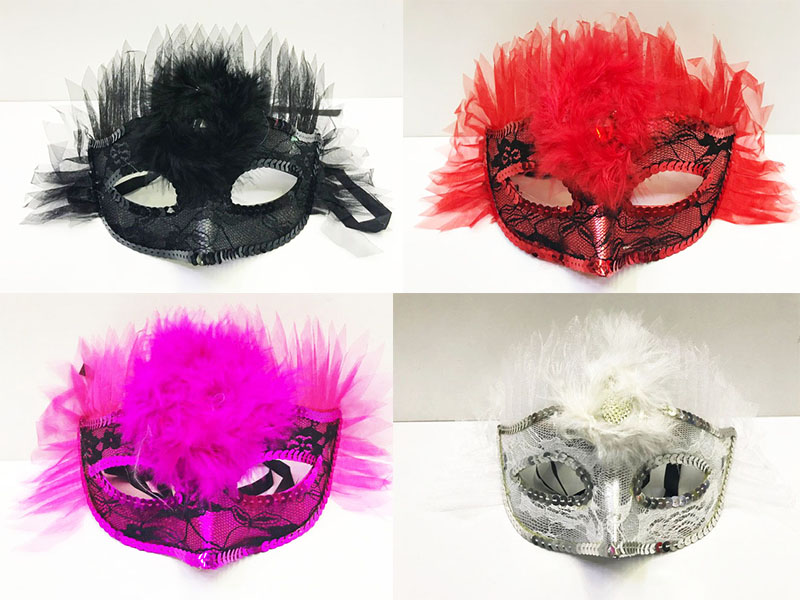 Duvaklı Pullu Yılbaşı Tüylü Parti Maskesi Karışık Renk 12 Adet  (CLZ)