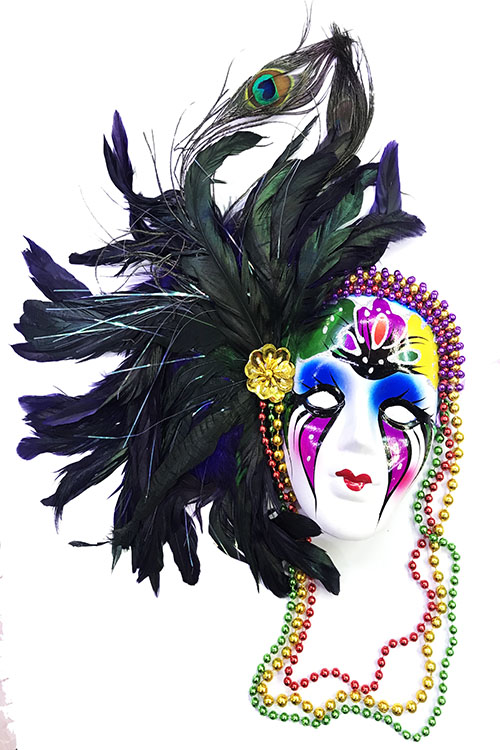 Ekstra Bol Gerçek Tüylü Boncuklu Asma Aparatlı Dekoratif Seramik Venedik Maske   (CLZ)