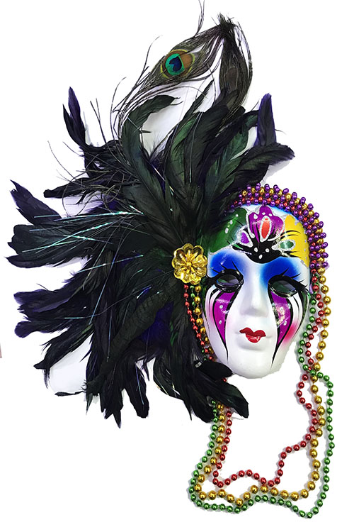 Ekstra Bol Gerçek Tüylü Boncuklu Asma Aparatlı Dekoratif Seramik Venedik Maske   (CLZ)