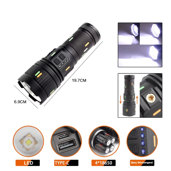 F.B.I Pro F-3001 Alüminyum TG LED Güç Göstergeli Type-C Şarjlı El Feneri 100 W