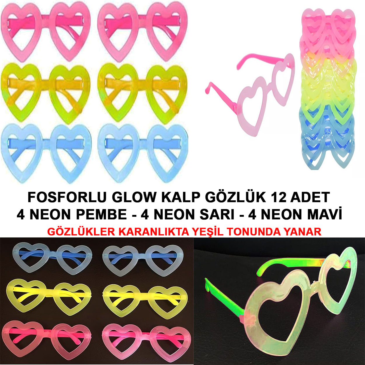 Fosforlu Kalp Model Glow Parti Gözlüğü Karanlıkta Yanan Gözlükler 12 Adet (CLZ)