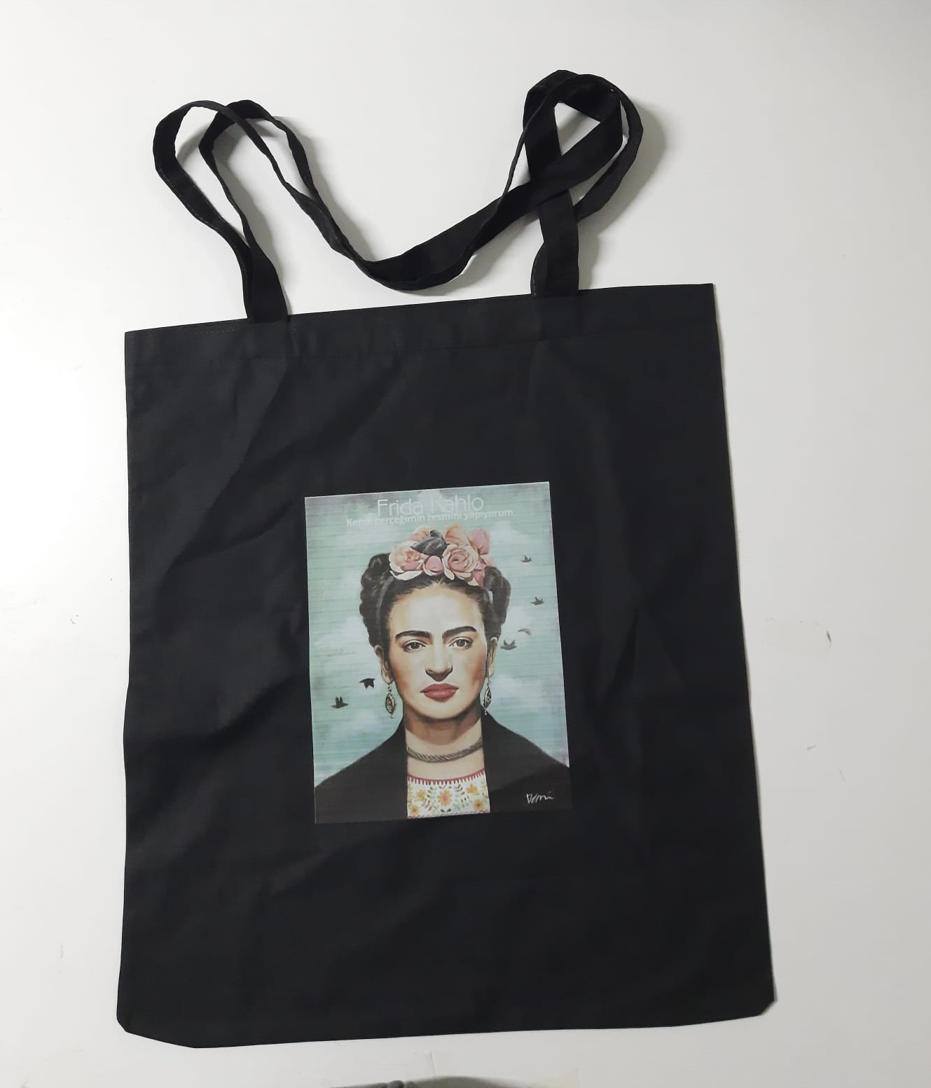 Frida Kahlo Baskılı Bez Çanta - Pazar Market Çantası - Kitap Çantası Siyah  (CLZ)