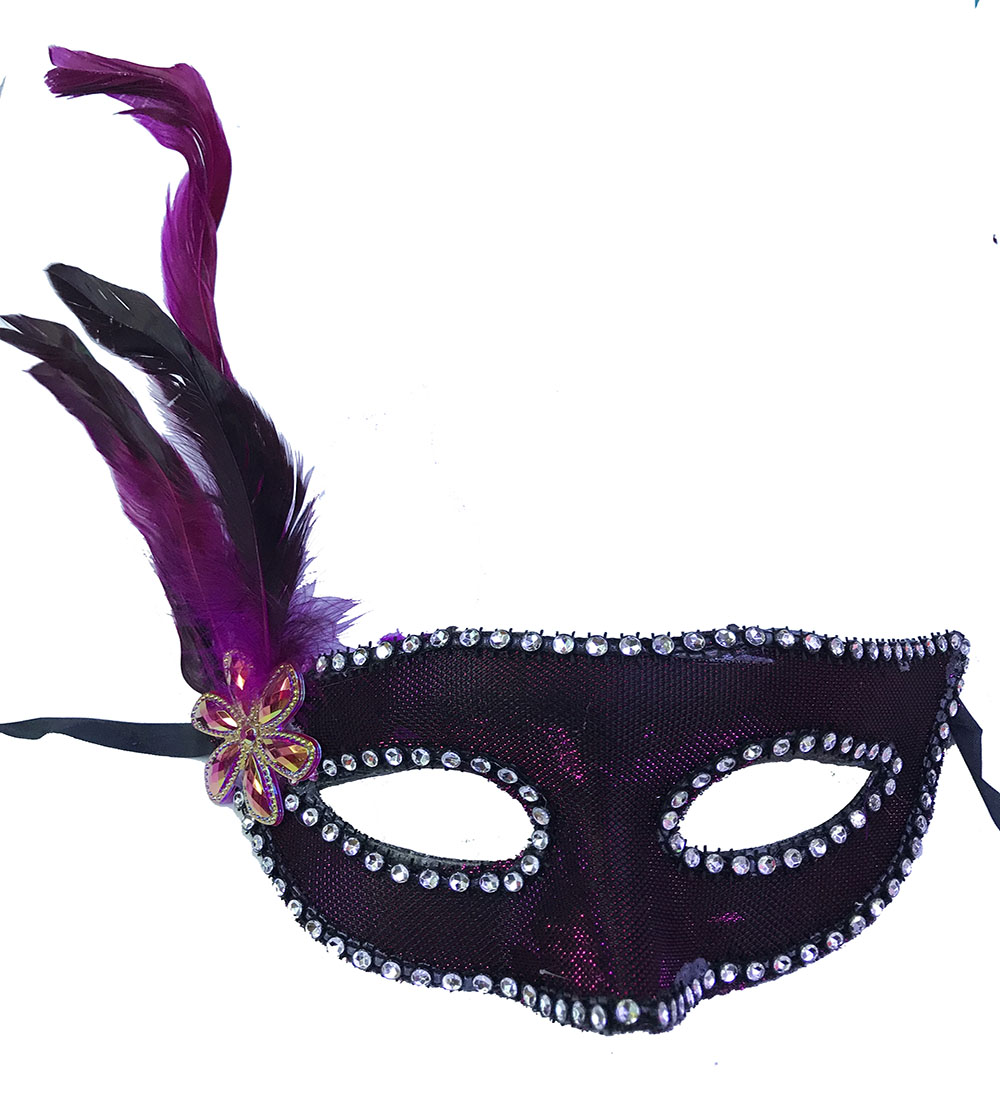 Fuşya Renk Kumaş Kaplama Yandan Tüylü Yılbaşı Parti Maskesi (CLZ)