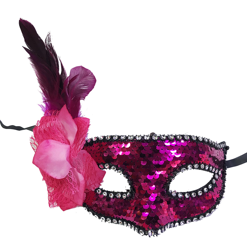Fuşya Renk Yandan Tüylü Pullu Yılbaşı Parti Maskesi (CLZ)