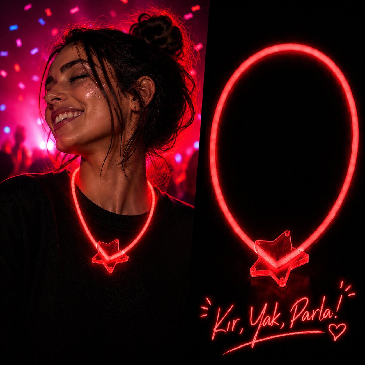 Glow Yıldız Kolye Neon Fosforlu Işıklı Kolye Kırmızı Renk
