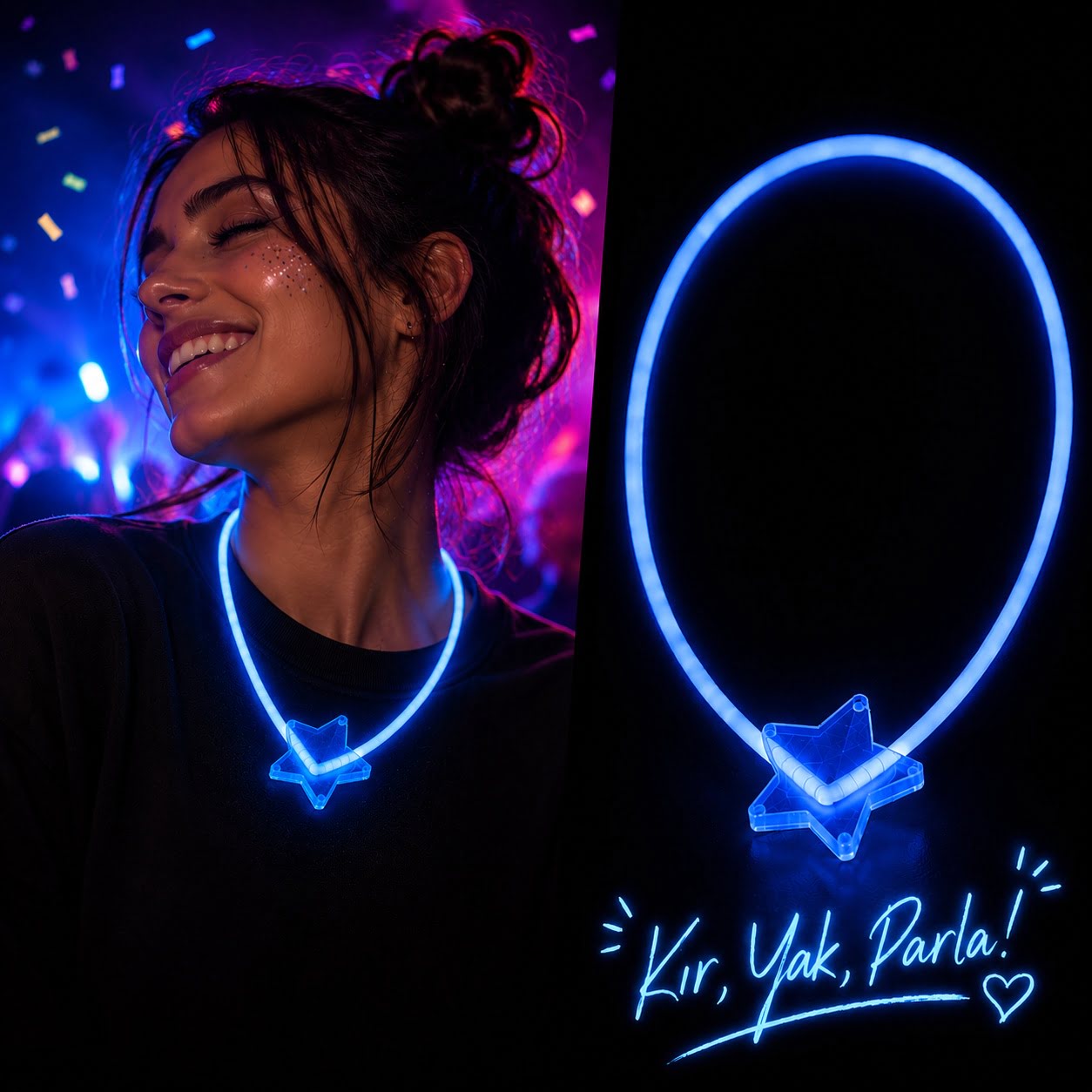 Glow Yıldız Kolye Neon Fosforlu Işıklı Kolye Mavi Renk