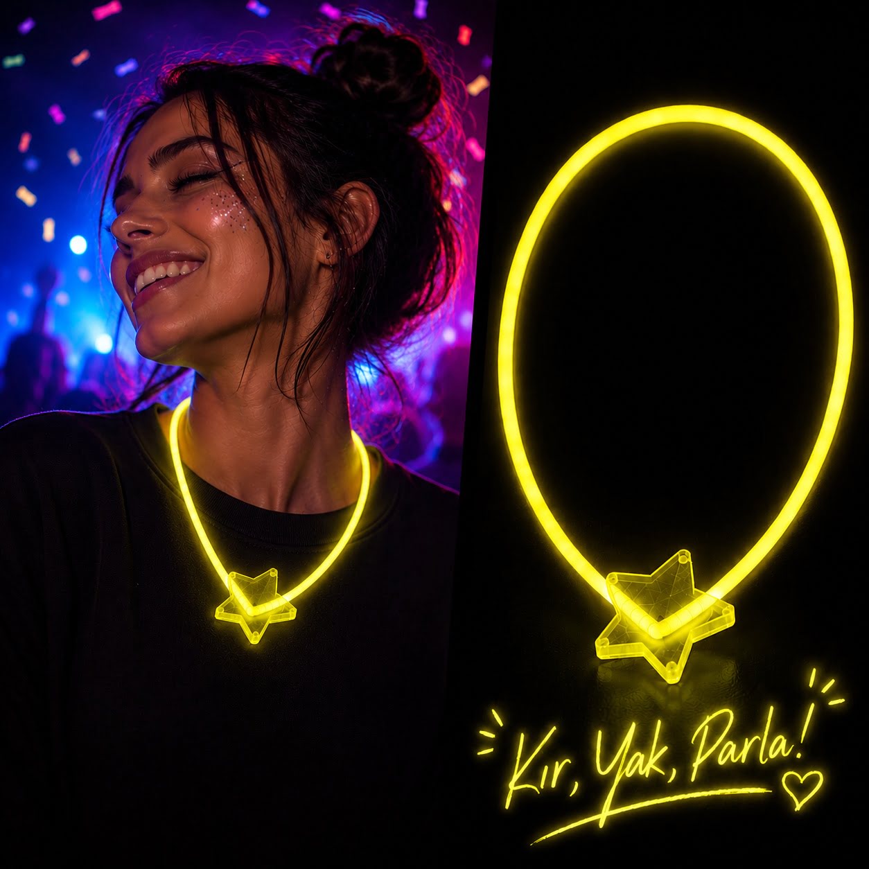 Glow Yıldız Kolye Neon Fosforlu Işıklı Kolye Sarı Renk
