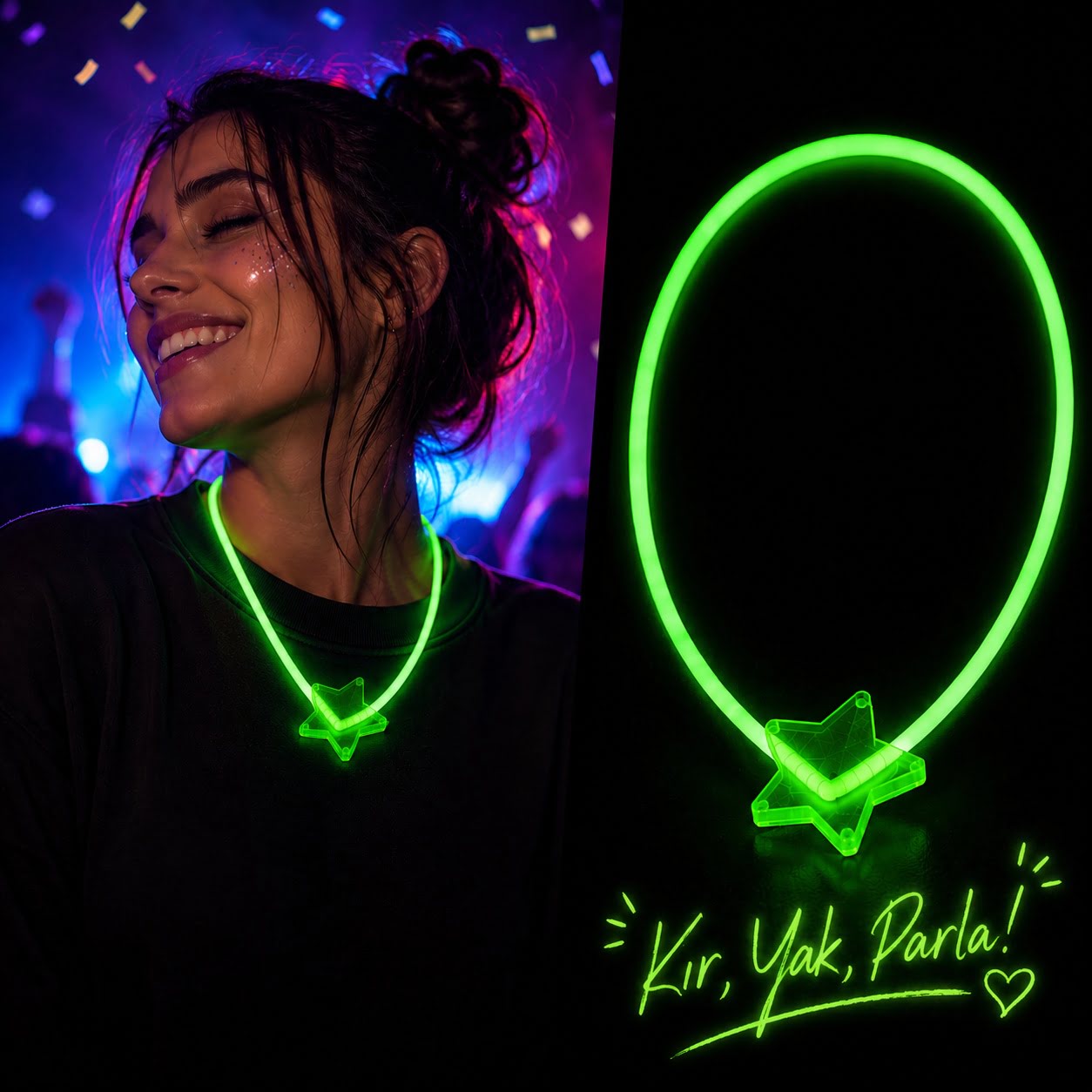 Glow Yıldız Kolye Neon Fosforlu Işıklı Kolye Yeşil Renk