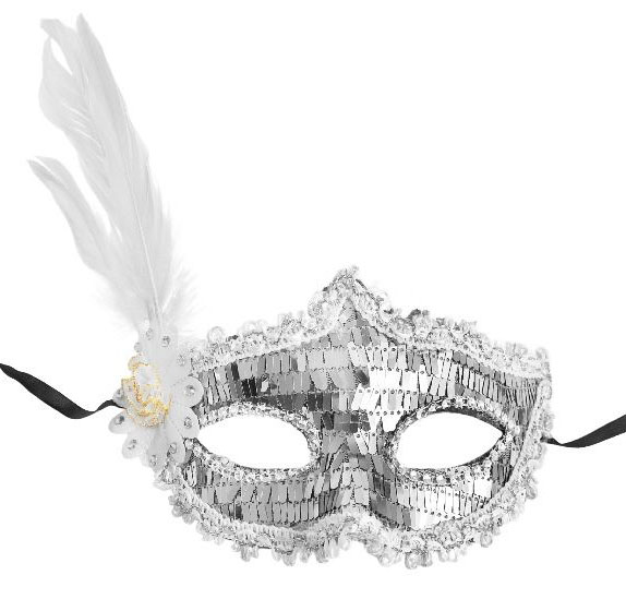 Gümüş Payetli Pullu Beyaz Renk Yandan Tüylü Parti Maskesi 18x22 cm (CLZ)