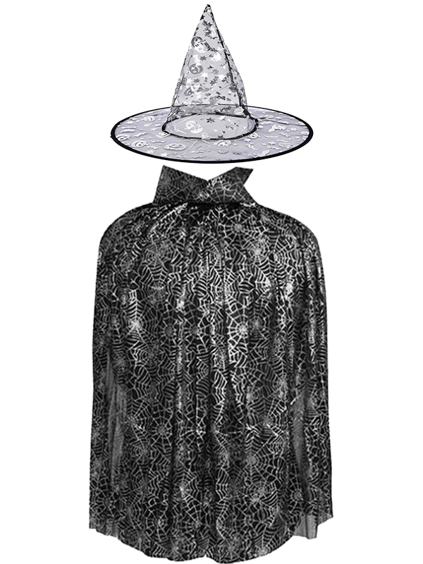 Gümüş Renk Cadı Şapkası ve Gümüş Renk Örümcek Ağ Baskılı Pelerin 130 cm (CLZ)
