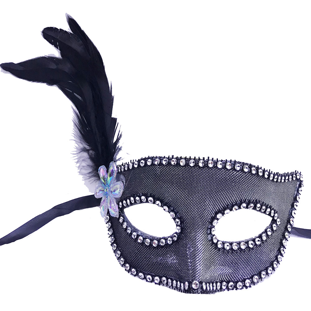 Gümüş Renk Kumaş Kaplama Yandan Tüylü Yılbaşı Parti Maskesi (CLZ)