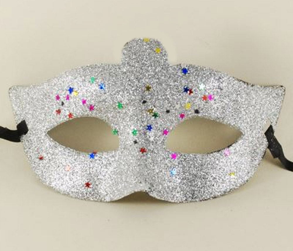 Gümüş Renk Simli Yıldızlı Kostüm Partisi Maskesi 17x10 (CLZ)