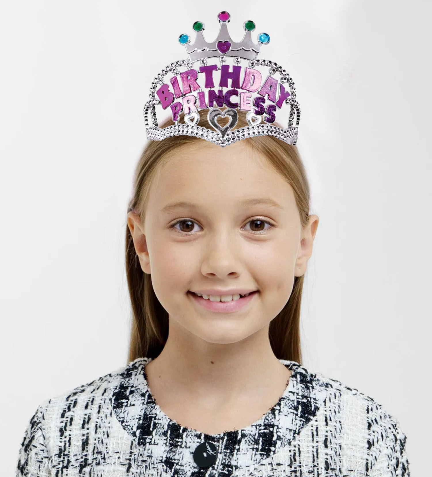 Gümüş Renk Taç Üzeri Pembe Birthday Prenses Yazılı Çocuk Parti Tacı 11X12 cm (CLZ)
