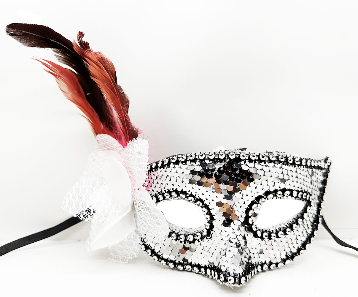 Gümüş Renk Yandan Tüylü Güllü Gümüş Taşlı Pullu Maske 20x22 cm (CLZ)