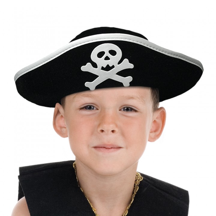 Gümüş Şeritli Çocuk Boy Yayvan Denizci Korsan Şapkası (CLZ)