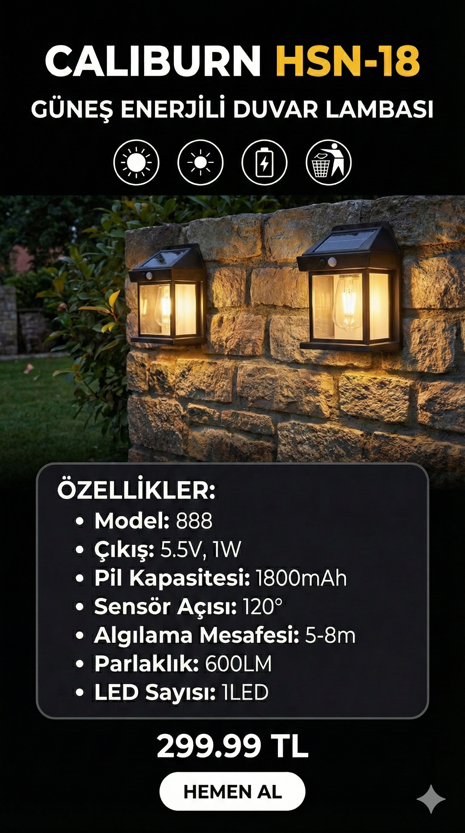 Güneş Enerjili Bahçe Aydınlatması Aplik Dekor Solar Ve Sensörlü Bahçe Balkon ve Garaj Lambası Güneş Enerjili Bahçe Aydınlatması Aplik Dekor Solar Ve Sensörlü Bahçe Balkon ve Garaj Lambası