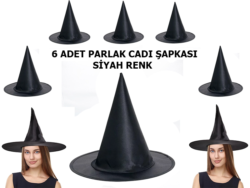 Halloween Siyah Renk Parlak Dralon Cadı Şapkası Yetişkin ve Çocuk Uyumlu 6 Adet (CLZ)