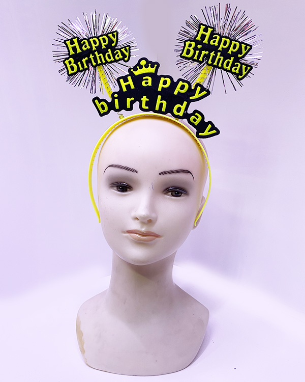 Happy Birthday Püsküllü Neon Sarı Renk Doğum Günü Tacı 22x19 cm (CLZ)