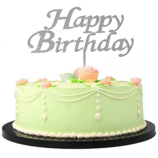 Happy Birthday Yazılı Doğum Günü Partisi Pleksi Pasta Süsü Gümüş Renk (CLZ)