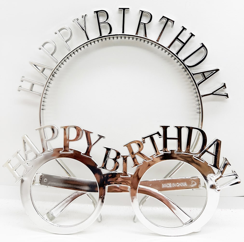 Happy Birthday Yazılı Taç ve Happy Birthday Yazılı Gözlük Seti Gümüş Renk (CLZ)