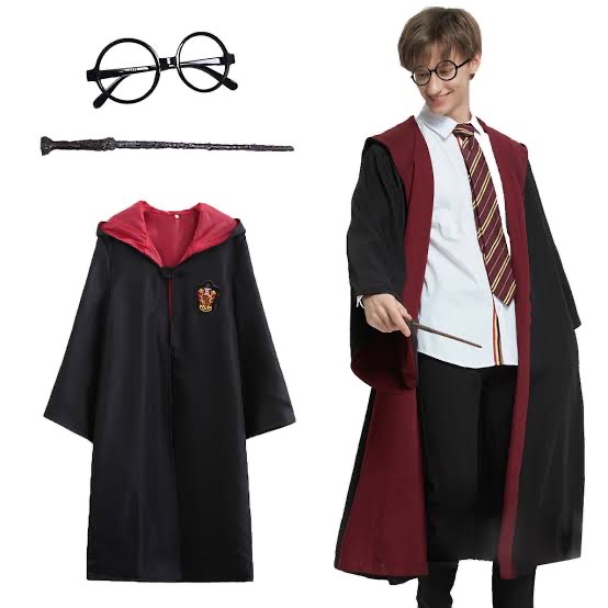 Harry Potter Gryffindor Kapişonlu Çocuk Kostüm + Asa + Gözlük 3 Parça Set (CLZ)
