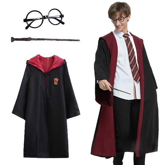 Harry Potter Gryffindor Kapişonlu Çocuk Kostüm + Asa + Gözlük Seti 11-12 Yaş (CLZ)