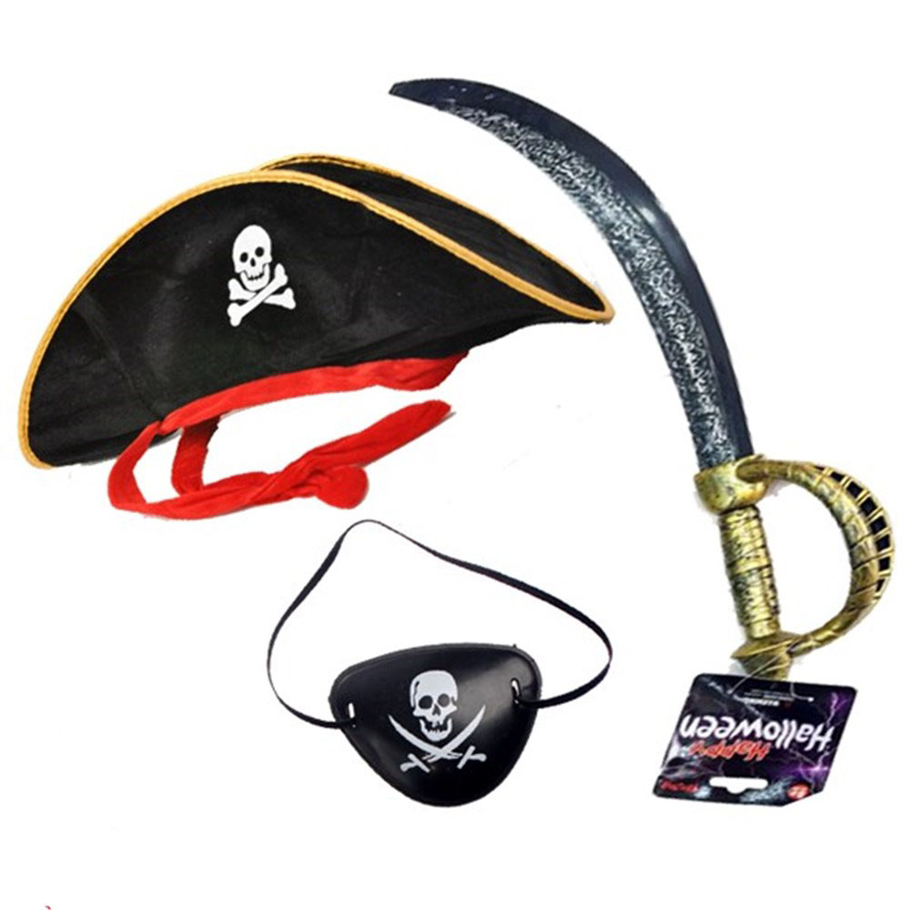 Jack Sparrow Korsan Şapkası Kılıcı Göz Bandı Seti (CLZ)