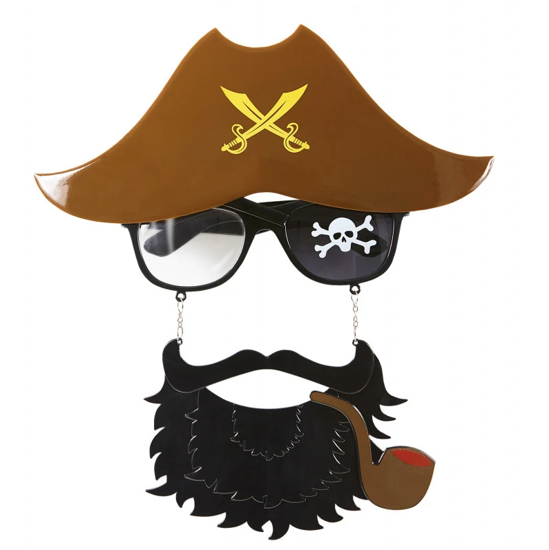 Kahve Renk Şapkalı Siyah Sakallı Pipolu Jack Sparrow Denizci Korsan Gözlüğü 24x25 cm (CLZ)