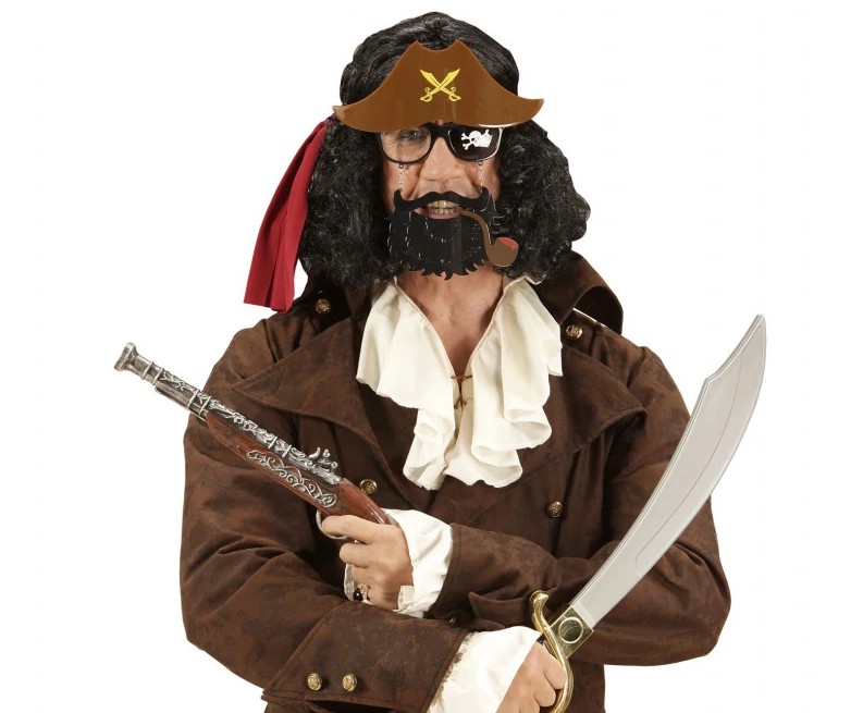 Kahve Renk Şapkalı Siyah Sakallı Pipolu Jack Sparrow Denizci Korsan Gözlüğü 24x25 cm (CLZ)