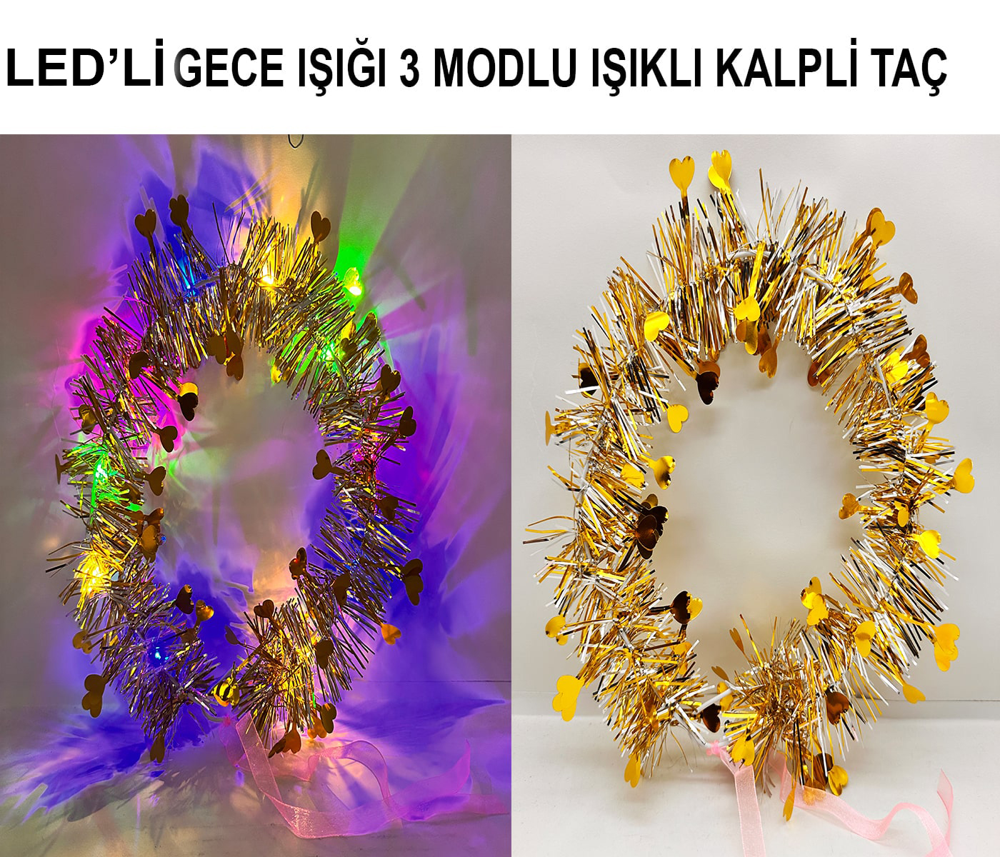 Kalp Püsküllü Gece Parıltısı 3 Modlu LED'li Işıklı Taç Altın Renk Kalp Püsküllü Gece Parıltısı 3 Modlu LED'li Işıklı Taç Altın Renk
