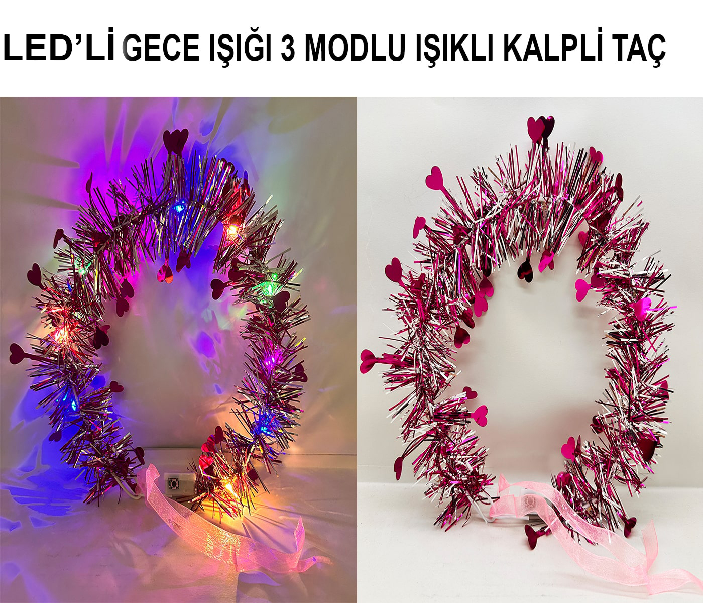 Kalp Püsküllü Gece Parıltısı 3 Modlu LED'li Işıklı Taç Fuşya Renk Kalp Püsküllü Gece Parıltısı 3 Modlu LED'li Işıklı Taç Fuşya Renk