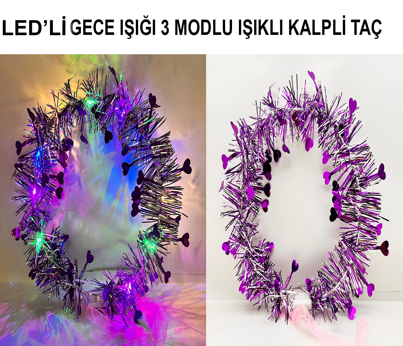 Kalp Püsküllü Gece Parıltısı 3 Modlu LED'li Işıklı Taç Mor Renk Kalp Püsküllü Gece Parıltısı 3 Modlu LED'li Işıklı Taç Mor Renk