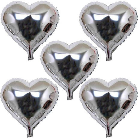 Kalp Şekilli Gümüş Renk Folyo Balon 45 cm 5 Adet (CLZ)