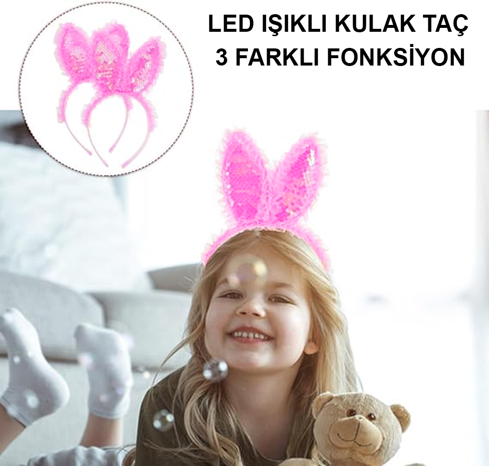 Kenarları Dantelli Fuşya Pullu Payetli Led Işıklı Tavşan Kulak Taç 23x19 cm