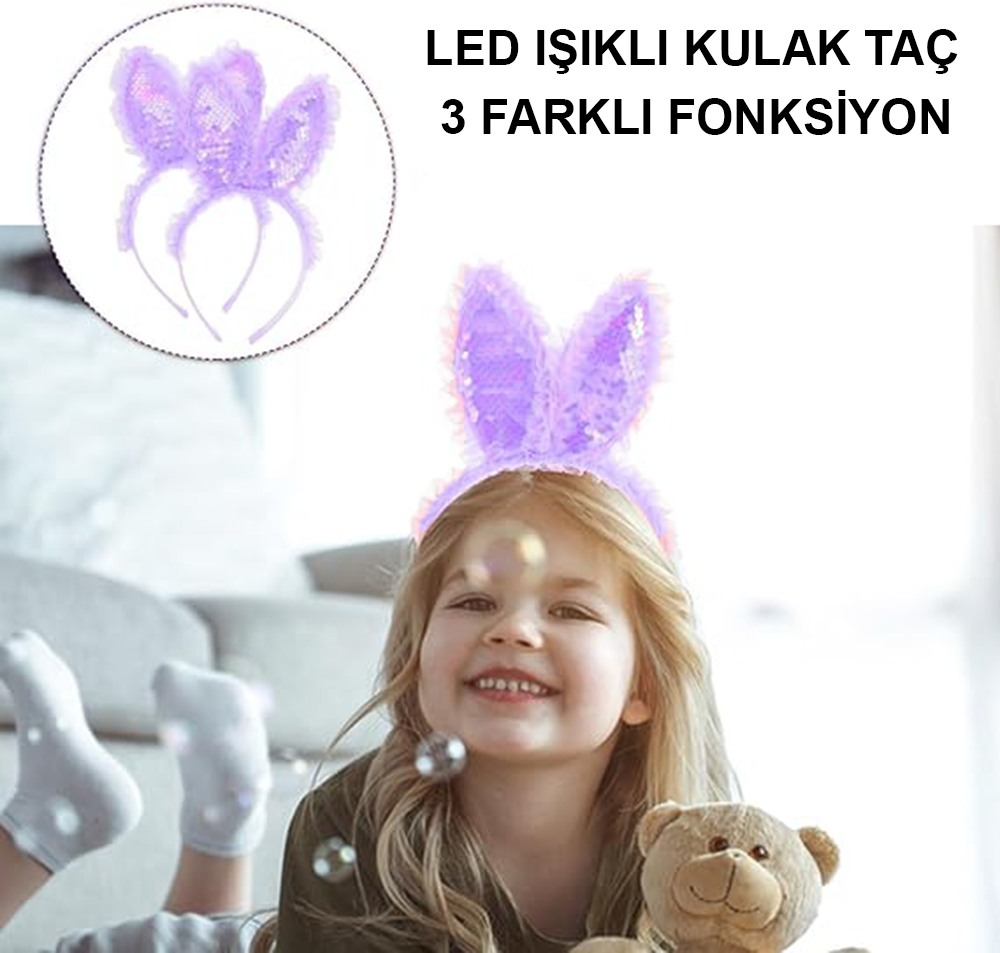 Kenarları Dantelli Mor Pullu Payetli Led Işıklı Tavşan Kulak Taç 23x19 cm