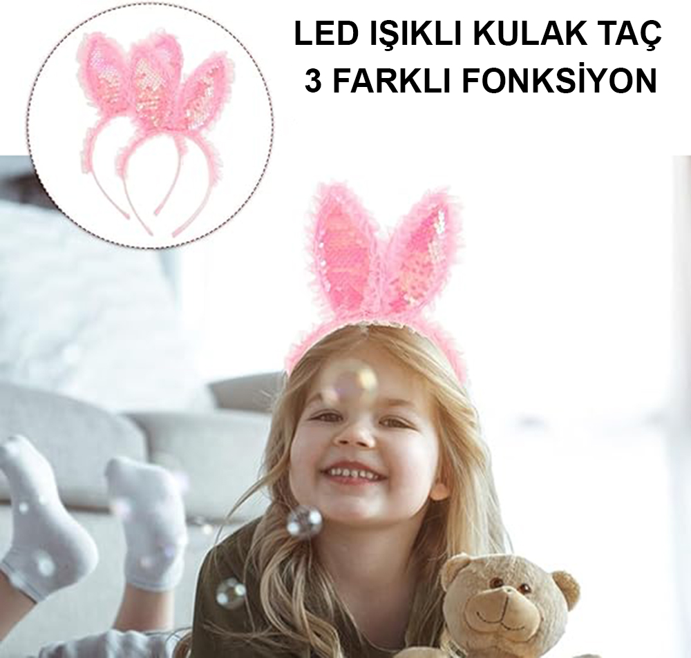 Kenarları Dantelli Pembe Pullu Payetli Led Işıklı Tavşan Kulak Taç 23x19 cm