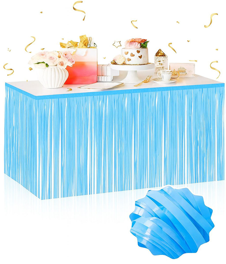 Kendinden Yapışkanlı Makaron Mavi Püsküllü Masa Eteği – 75 x 275 cm Parti Süslemesi Kendinden Yapışkanlı Makaron Mavi Püsküllü Masa Eteği – 75 x 275 cm Parti Süslemesi