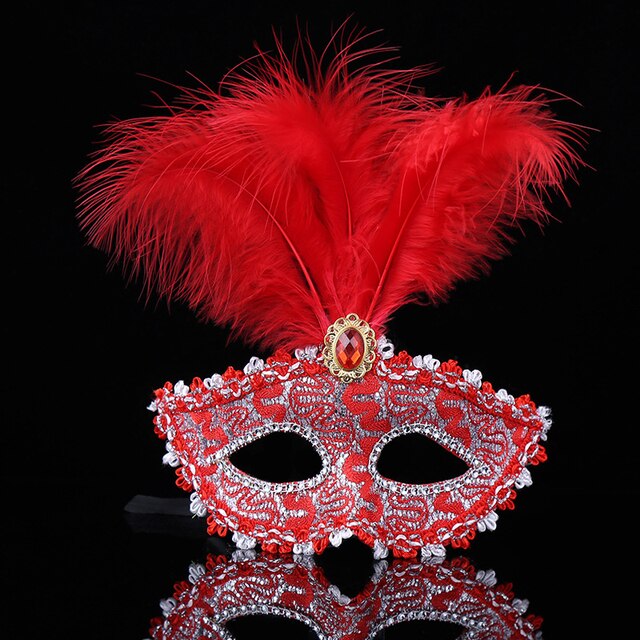 Kırmızı Dantel İşlemeli Balo Maskesi Parti Maskesi 16x22 cm (CLZ)
