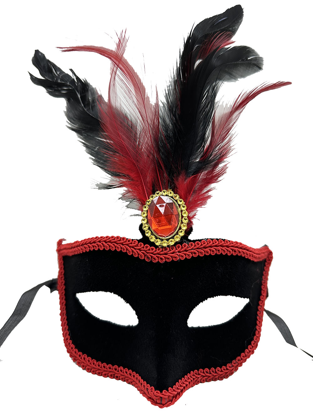 Kırmızı Dantelli Siyah Kırmızı Tüylü Siyah Süet Kaplama Parti Maskesi 17x25 cm (CLZ)