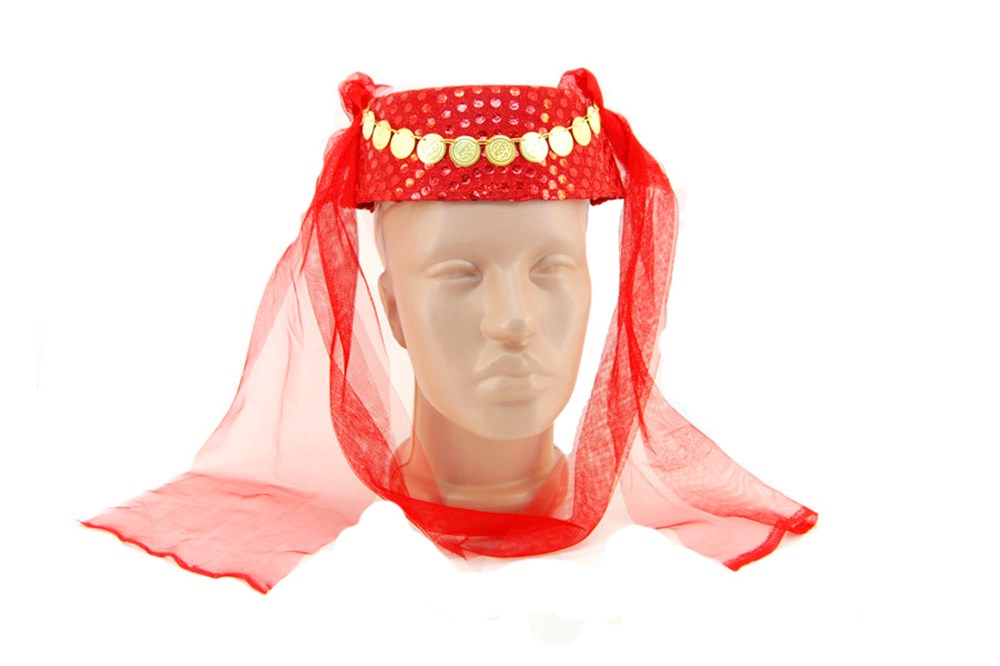 Kırmızı Duvaklı Altın Pul İşlemeli Kına Fesi Kına Şapkası Oryantal Şapkası (CLZ)