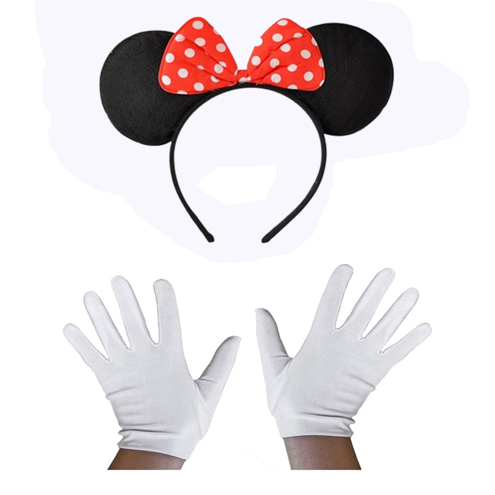 Kırmızı Fiyonklu Minnie Mouse Tacı ve Beyaz Eldiven Seti (CLZ)