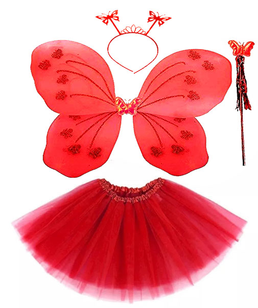 Kırmızı Kelebek Kostümü - Kırmızı Kelebek Kostüm Aksesuar Seti 4 Parça (CLZ)