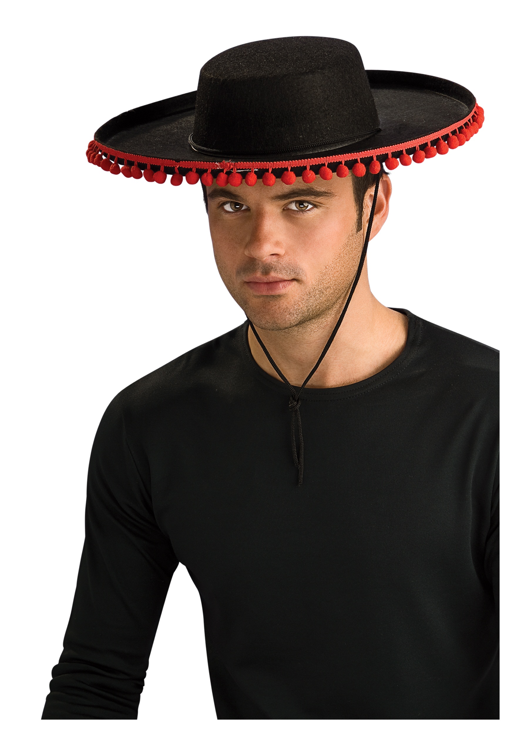 Kırmızı Ponponlu Siyah Renk Yetişkin İspanyol Şapkası (CLZ)