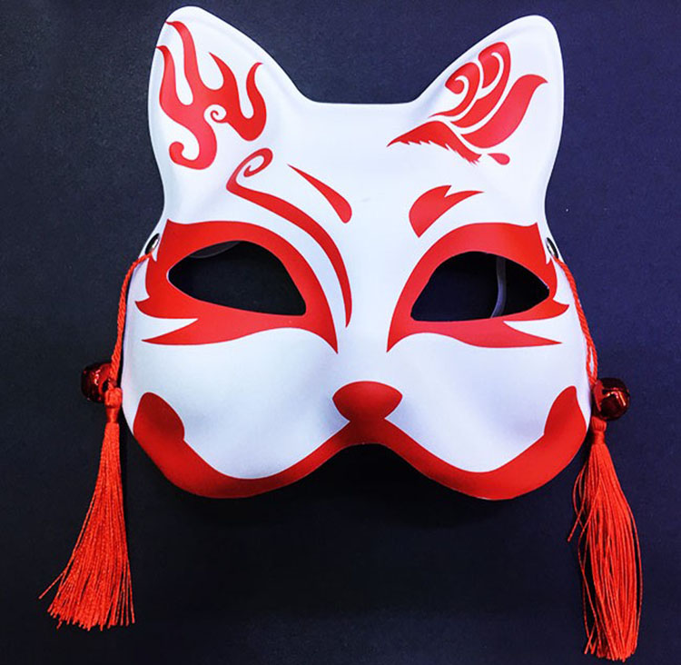Kırmızı Püsküllü Boncuklu Beyaz Üzeri Kırmızı Renk Plastik Kedi Maskesi Model 1 (CLZ)