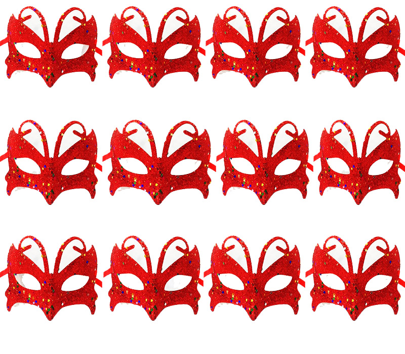 Kırmızı Renk Arkadan Bağlamalı Simli Parti Balo Maskesi 12 Adet (CLZ)