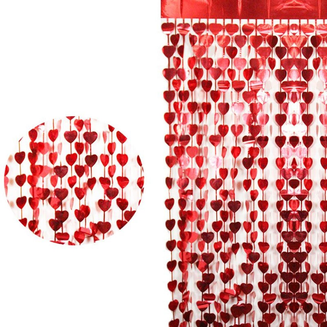 Kırmızı Renk Kalp Şekilli Metalize Saçaklı Arka Fon Perde Dekorasyon (CLZ)