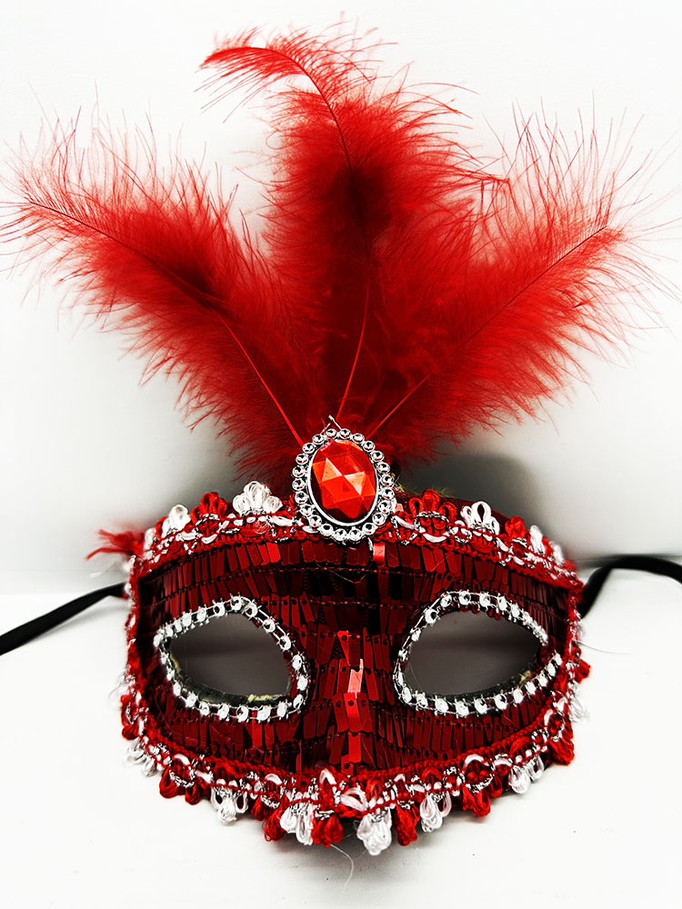 Kırmızı Renk Payetli Pullu Tüylü Parti Maskesi 17x20 cm (CLZ)