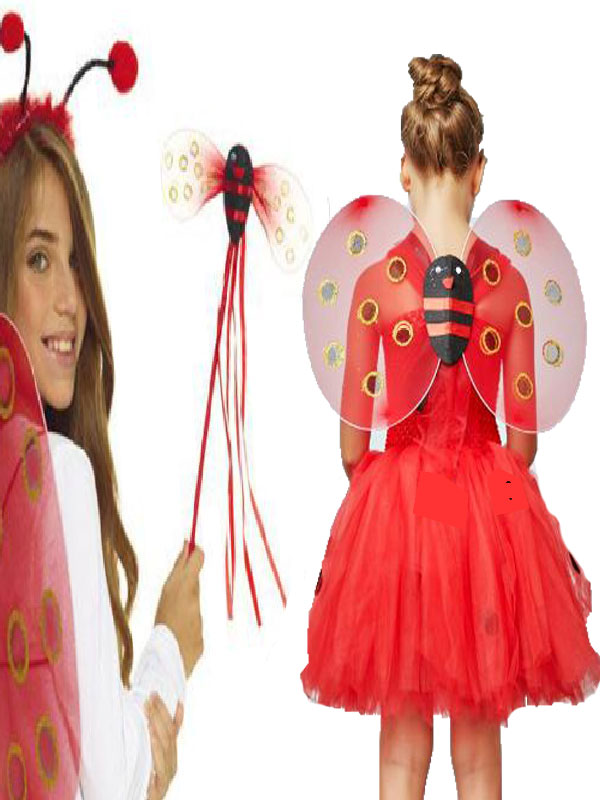 Kırmızı Renk Uğur Böceği Kanadı Eteği Tacı ve Sopası 4 lü Kostüm Seti (CLZ)