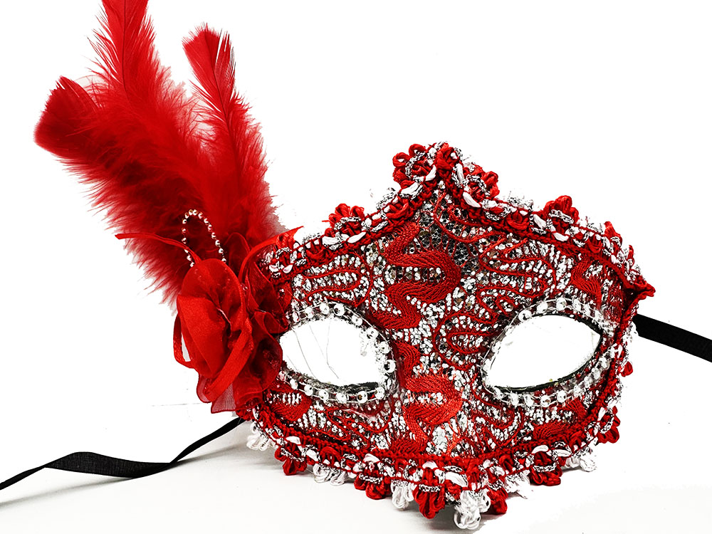 Kırmızı Renk Yandan Tüylü Dantel Parti Maskesi 20x20 cm (CLZ)