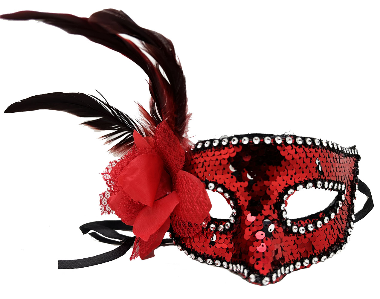 Kırmızı Renk Yandan Tüylü Güllü Gümüş Taşlı Pullu Maske 20x22 cm (CLZ)